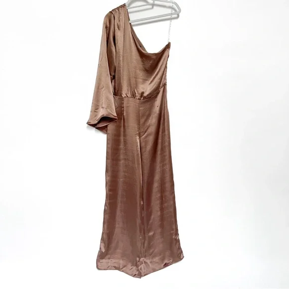 River Island Satin One-Shoulder Bronze Jumpsuit - Picture 4 of 12